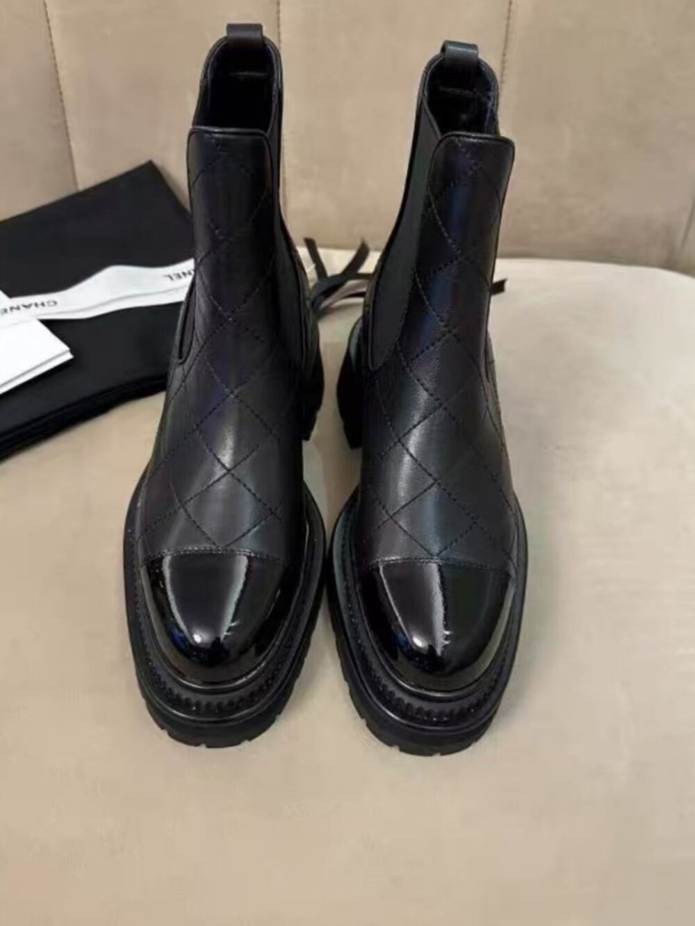 CHANEL Black Patent Cap Toe Quilted Chelsea Boots